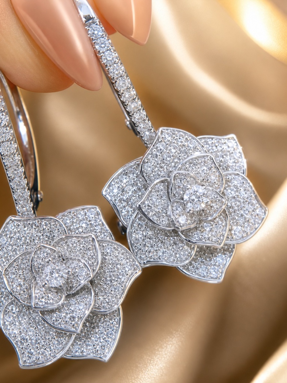 Silver Crystal Flower Drop Earrings | Pavé Hoop Dangle | Elegant Statement Jewel - Picture 8 of 8